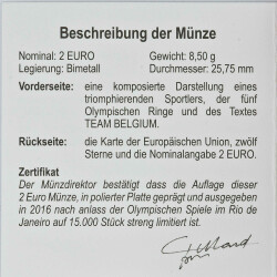 2 Euro Gedenkmünze Belgien 2016 PP - Olympische Spiele - im Etui