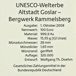 100 Euro Deutschland 2008 Gold st - UNESCO Goslar