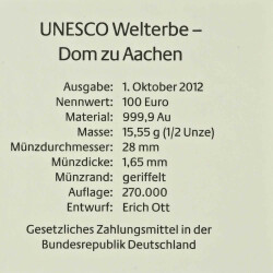 100 Euro Deutschland 2012 Gold st - UNESCO Dom zu Aachen