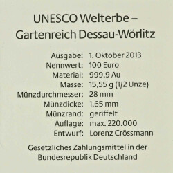 100 Euro Deutschland 2013 Gold st - UNESCO Gartenreich Dessau-Wörlitz