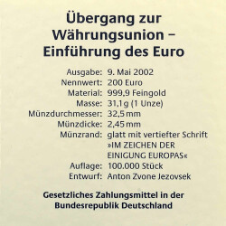 200 Euro Deutschland 2002 Gold st - Euro-Einführung - 1 Unze Feingold