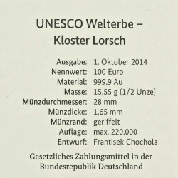 100 Euro Deutschland 2014 Gold st - UNESCO Kloster Lorsch