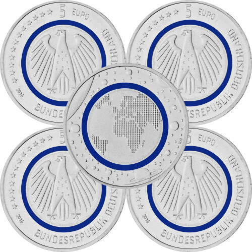 5 x 5 Euro Gedenkmünze Deutschland 2016 bfr. - Blauer Planet Erde - A D F G J