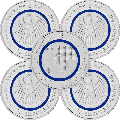 5 x 5 Euro Gedenkmünze Deutschland 2016 bfr. - Blauer Planet Erde - A D F G J