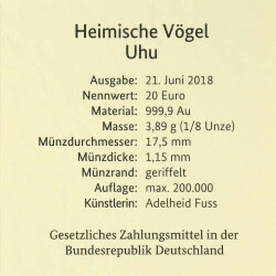 20 Euro Goldmünze "Uhu" - Deutschland 2018 - Serie: "Heimische Vögel"
