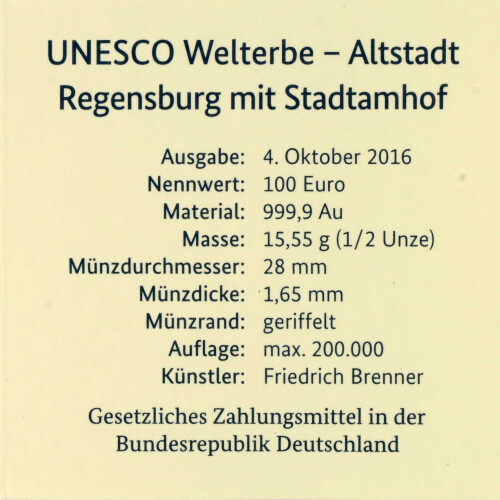 100 Euro Deutschland 2016 Gold st - UNESCO Altstadt...