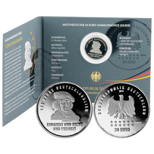 20 Euro Deutschland 2016 Silber PP - Deutschlandlied